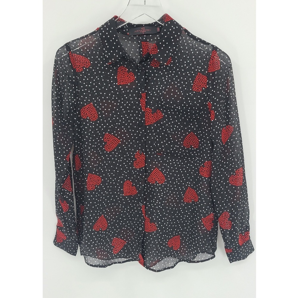 Sheer Romantic Heart Print Button Top Blouse Size Small Valentines‎ Going Out